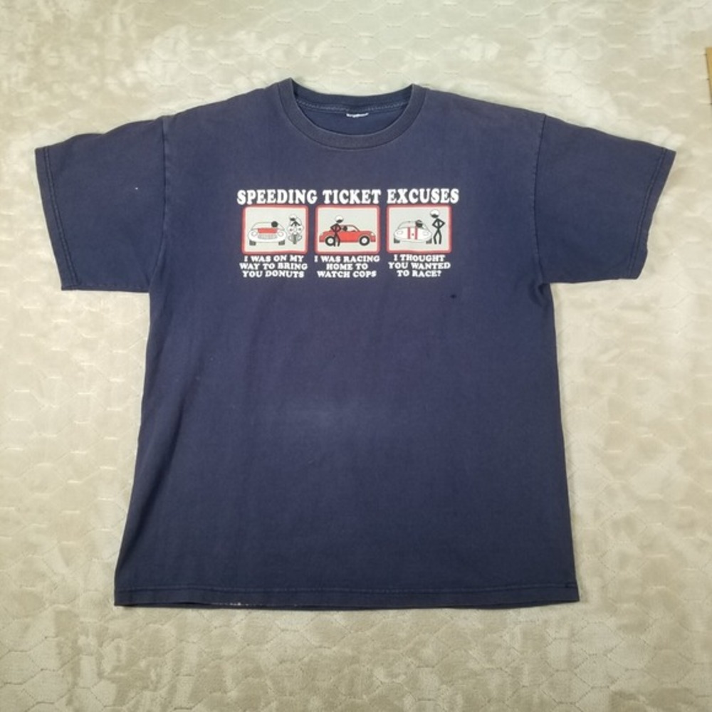 VTG Faded Speeding Ticket Excuses Funny Humor Navy Graphic Print T Shirt‎ Sz L